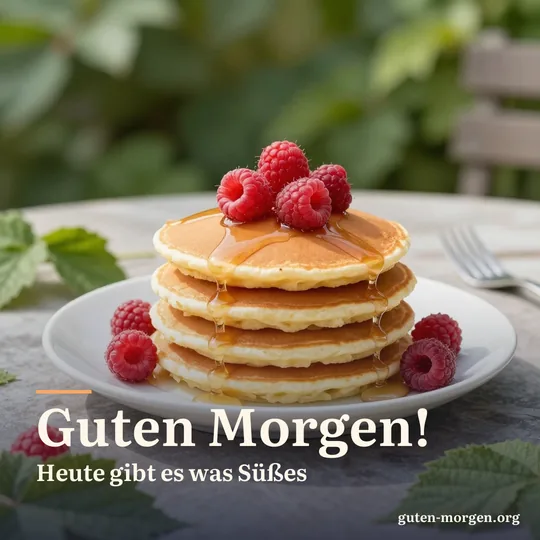 Stapel lockerer Pfannkuchen mit Himbeeren und Sirup auf einem Gartentisch in der Morgensonne; Schrift: "Guten Morgen! Heute gibt es was Süßes"
