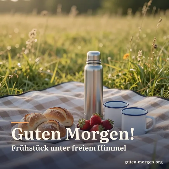 Frühstückspicknick auf einer karierten Decke auf einer Wiese bei Sonnenaufgang, mit Brötchen, Erdbeeren und Thermoskanne; Schrift: "Guten Morgen! Frühstück unter freiem Himmel"