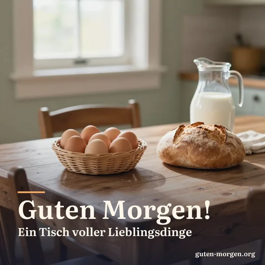 Rustikaler Bauernküchentisch mit einem Korb brauner Eier, einem runden Brotlaib und einem Milchkrug im Morgenlicht; Schrift: "Guten Morgen! Ein Tisch voller Lieblingsdinge"