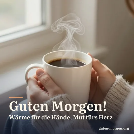 Zwei Hände in einem dicken Strickpullover umfassen eine dampfende Kaffeetasse im weichen Morgenlicht; Schrift: „Guten Morgen! Wärme für die Hände, Mut fürs Herz“