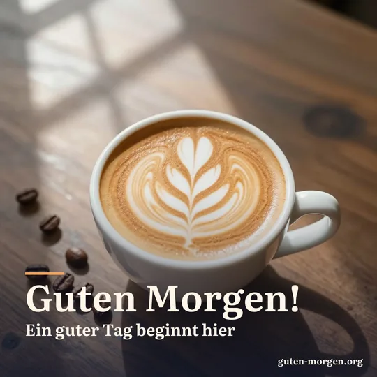 Cappuccino mit einem Blatt aus Milchschaum in einer weißen Tasse von oben auf einem Holztisch, verstreute Kaffeebohnen und Fensterschatten; Schrift: "Guten Morgen! Ein guter Tag beginnt hier"
