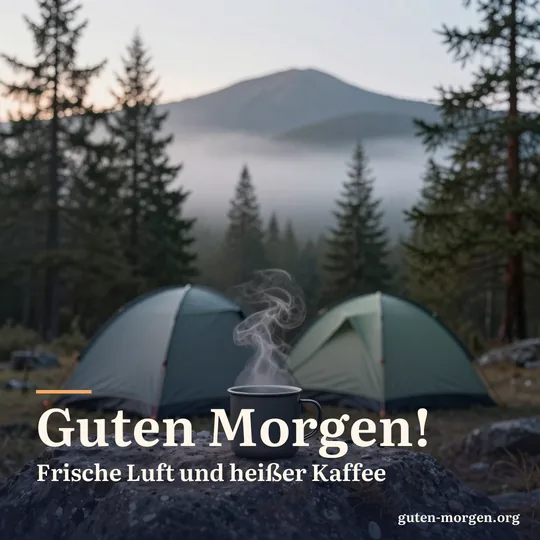 Dampfender Emaillebecher auf einem flachen Stein vor einem kleinen Zelt, dahinter nebliger Kiefernwald im Morgengrauen; Schrift: "Guten Morgen! Frische Luft und heißer Kaffee"