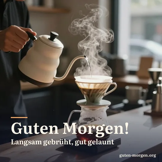 Aus einem Wasserkessel mit schmalem Ausguss wird heißes Wasser in einen Kaffeefilter gegossen, Dampf steigt im Sonnenlicht auf; Schrift: "Guten Morgen! Langsam gebrüht, gut gelaunt"