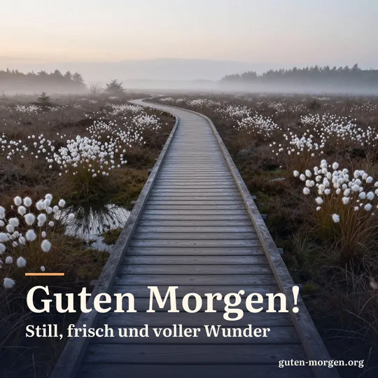 Holzsteg durch ein nebliges Moor mit weißem Wollgras und kleinen Wasserflächen im blassen Morgenlicht; Schrift: "Guten Morgen! Still, frisch und voller Wunder"