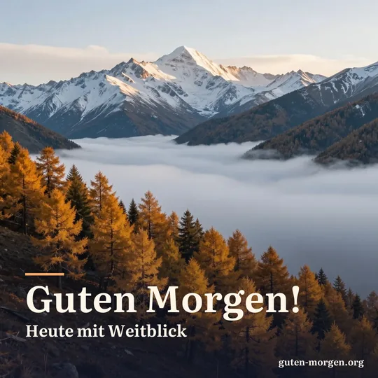 Goldgelbe Lärchen an einem Berghang über einem wolkenverhangenen Tal, die ersten Sonnenstrahlen treffen die verschneiten Gipfel; Schrift: "Guten Morgen! Heute mit Weitblick"