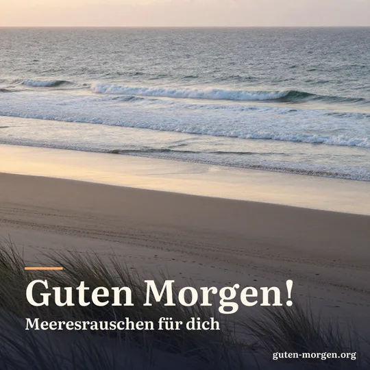 Sanfte Wellen an einem breiten Nordseestrand bei Sonnenaufgang, im Vordergrund Strandhafer auf einer Düne; Schrift: „Guten Morgen! Meeresrauschen für dich“