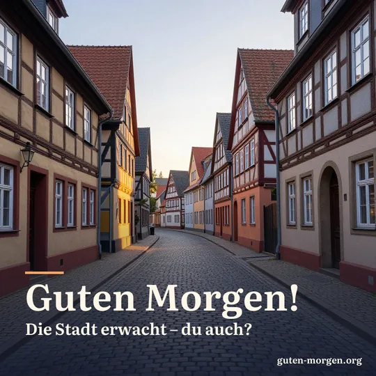 Leere Kopfsteinpflastergasse in einer Altstadt mit bunten Fachwerkhäusern, am Ende der Gasse leuchtet die Morgensonne; Schrift: "Guten Morgen! Die Stadt erwacht – du auch?"