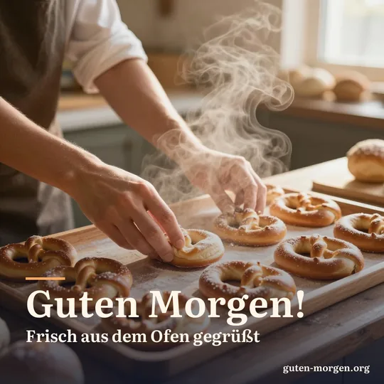 Mehlbestäubte Hände legen frische Brezeln auf ein Holzbrett, warmes Licht in der Backstube; Schrift: "Guten Morgen! Frisch aus dem Ofen gegrüßt"