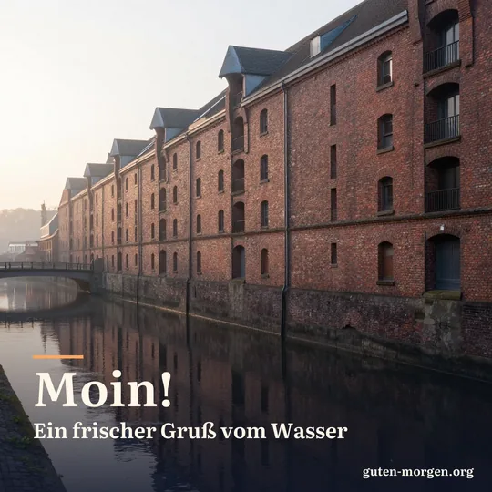 Alte rote Backsteinspeicher an einem stillen Kanal bei Sonnenaufgang, mit Spiegelung im Wasser und einer kleinen Bogenbrücke; Schrift: "Moin! Ein frischer Gruß vom Wasser"