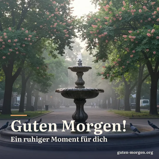 Stiller Stadtpark bei Sonnenaufgang mit altem Steinbrunnen, Tauben am Beckenrand und Morgendunst zwischen Kastanien; Schrift: "Guten Morgen! Ein ruhiger Moment für dich"