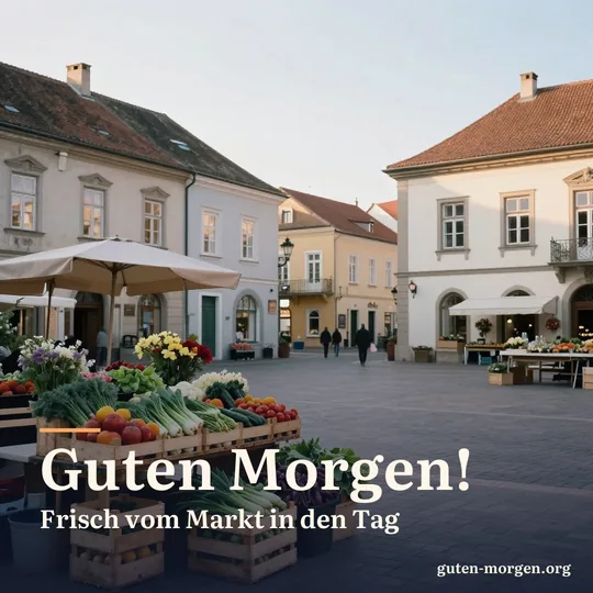 Marktplatz am frühen Morgen, Stände werden aufgebaut, Holzkisten voller Gemüse und Blumen im weichen Sonnenlicht; Schrift: "Guten Morgen! Frisch vom Markt in den Tag"