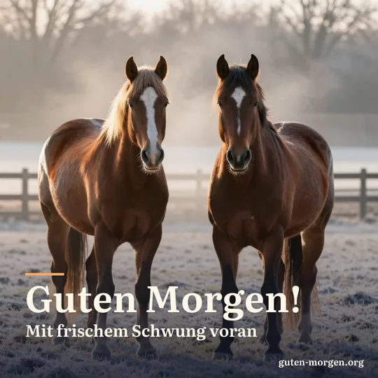 Zwei Pferde stehen dicht beieinander auf einer bereiften Koppel, ihr Atem dampft in der kalten Morgenluft; Schrift: "Guten Morgen! Mit frischem Schwung voran"