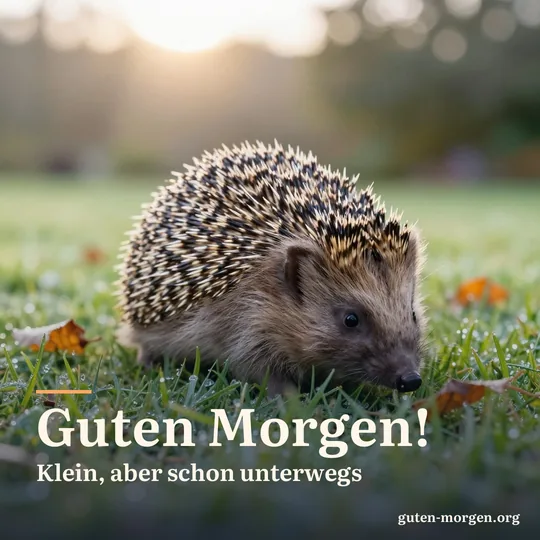 Ein Igel schnuppert im ersten Morgenlicht durch taunasses Gras in einem Garten; Schrift: "Guten Morgen! Klein, aber schon unterwegs"