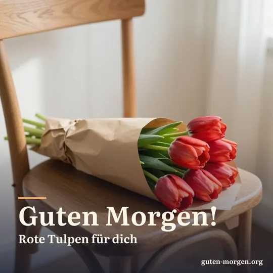 Ein Strauß roter Tulpen in braunem Papier liegt auf einem Holzstuhl in einem sonnigen Zimmer; Schrift: „Guten Morgen! Rote Tulpen für dich“