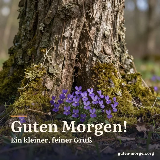 Kleine violette Veilchen im Moos am Fuß eines alten Baumes, gesprenkeltes Frühlingslicht; Schrift: „Guten Morgen! Ein kleiner, feiner Gruß“