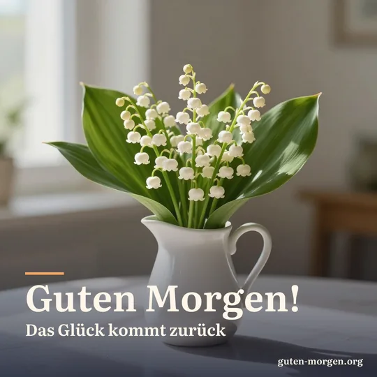 Maiglöckchen in einem kleinen weißen Keramikkrug auf einem sonnigen Tisch, zarte weiße Glöckchen; Schrift: „Guten Morgen! Das Glück kommt zurück“