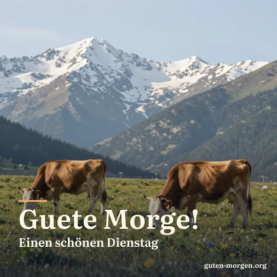 Braune Kühe grasen auf einer Alpwiese im klaren Morgenlicht, dahinter verschneite Gipfel, vorne Wildblumen; Schrift: „Guete Morge! Einen schönen Dienstag“