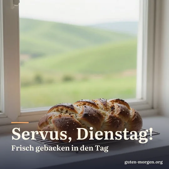 Frisch gebackener Hefezopf auf einem hölzernen Kuchengitter am offenen Fenster, draußen grüne Hügel in der Morgensonne; Schrift: „Servus, Dienstag! Frisch gebacken in den Tag“