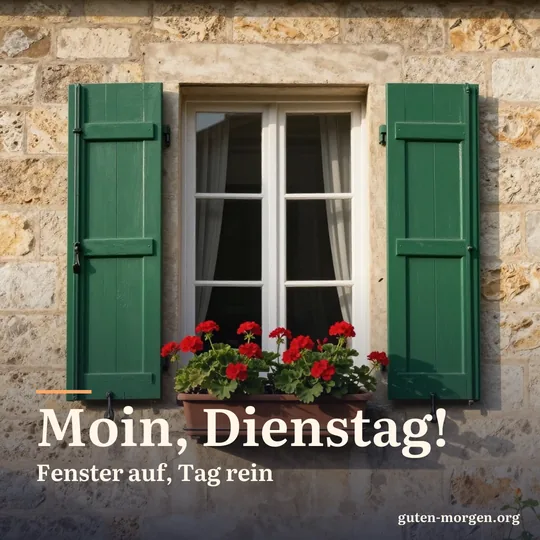 Halb geöffnete grüne Holzläden an einem alten Steinhaus, Blumenkästen voller roter Geranien in der warmen Morgensonne; Schrift: „Moin, Dienstag! Fenster auf, Tag rein“