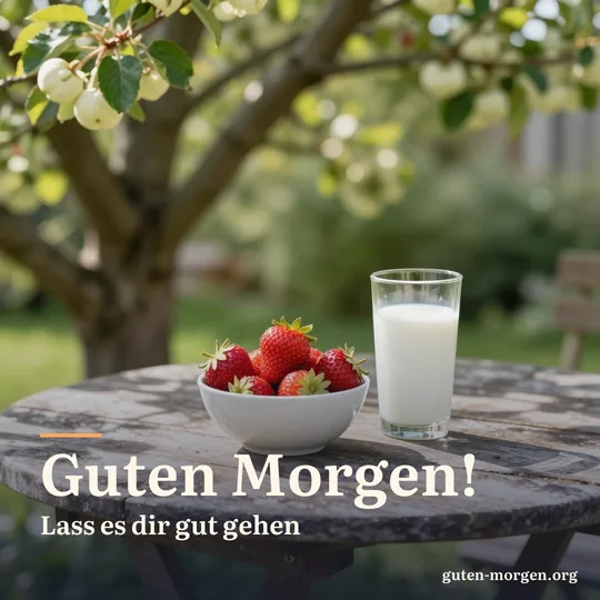 Schale mit frischen Erdbeeren und ein Glas Milch auf einem verwitterten Gartentisch unter einem Apfelbaum, Morgensonne fällt durch die Blätter; Schrift: „Guten Morgen! Lass es dir gut gehen“
