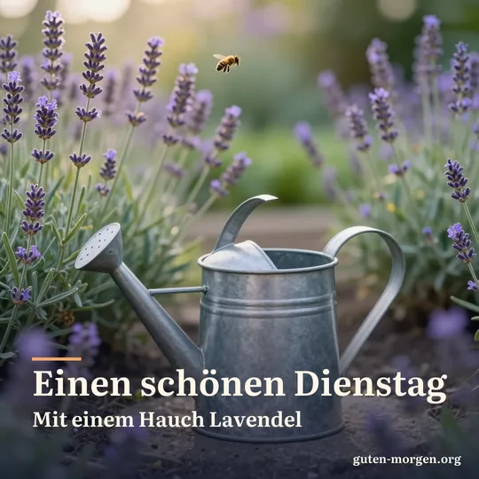 Gießkanne aus Metall zwischen blühendem Lavendel in einem kleinen Bauerngarten bei Tagesanbruch, erste Bienen fliegen; Schrift: „Einen schönen Dienstag – mit einem Hauch Lavendel“