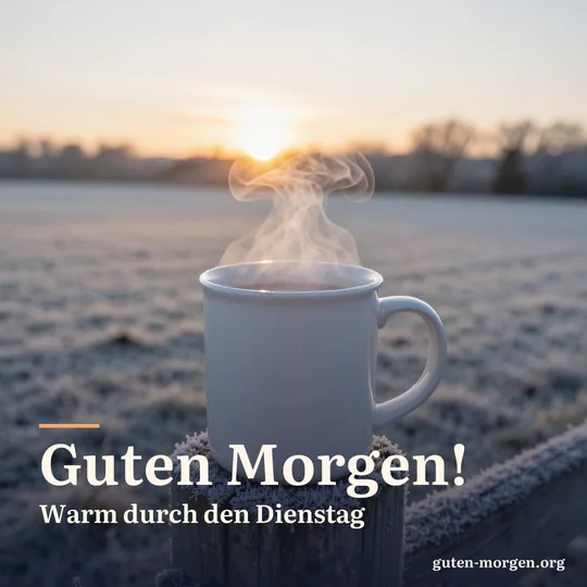 Dampfender Becher Kakao auf einem Holzpfosten am Weidezaun, dahinter bereifte Felder im Licht der aufgehenden Sonne; Schrift: „Guten Morgen! Warm durch den Dienstag“