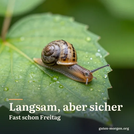 Kleine Schnecke auf einem nassen grünen Blatt nach dem Regen, Tropfen funkeln in der Sonne; Schrift: „Langsam, aber sicher: fast schon Freitag“