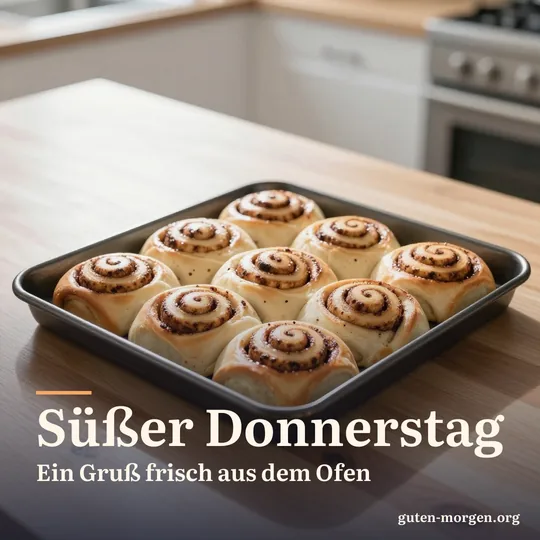 Blech mit frisch gebackenen Zimtschnecken auf einem Holztisch in heller Morgensonne; Schrift: „Süßer Donnerstag – ein Gruß frisch aus dem Ofen“
