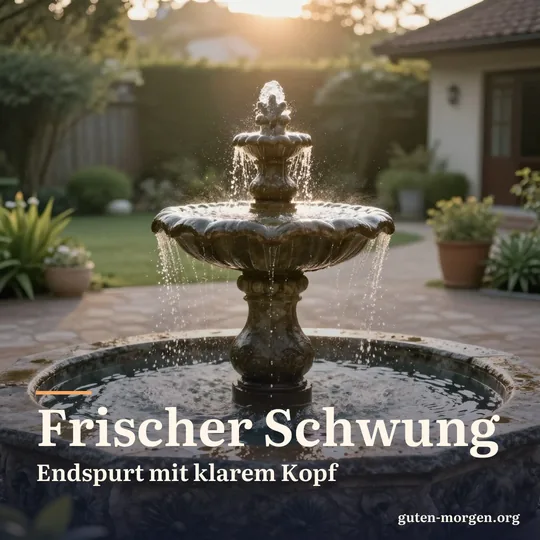 Alter Steinbrunnen in einem stillen Hofgarten bei Sonnenaufgang, das Wasser glitzert im flachen goldenen Licht; Schrift: „Frischer Schwung! Endspurt mit klarem Kopf“