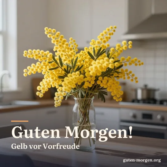 Ein Strauß flauschiger gelber Mimosenzweige in einer klaren Glasvase auf einem sonnigen Küchentisch aus Holz; Schrift: „Guten Morgen! Gelb vor Vorfreude“
