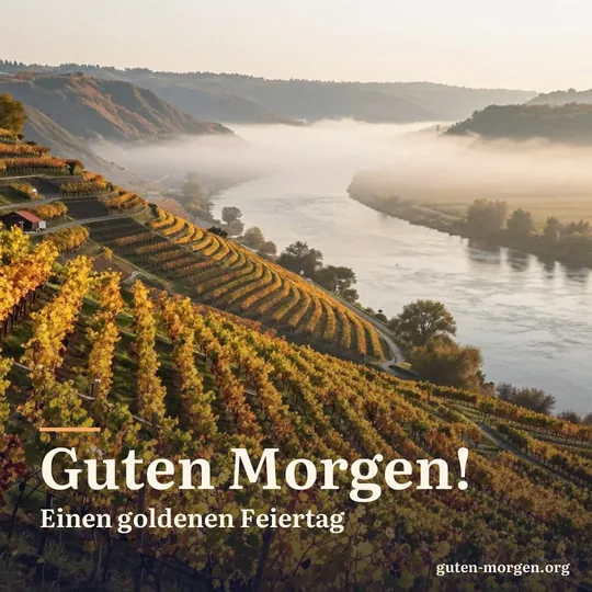 Weinberge in Herbstfarben an einem steilen Flusshang bei Sonnenaufgang, Nebel zieht durch das Tal; Schrift: „Guten Morgen! Einen goldenen Feiertag“
