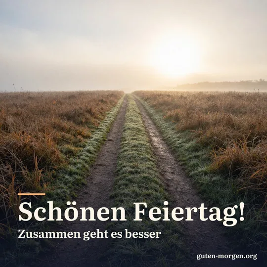 Zwei Fußwege führen über eine taunasse Wiese und werden zu einem Weg, der zur aufgehenden Sonne führt, leichter Nebel; Schrift: „Schönen Feiertag! Zusammen geht es besser“
