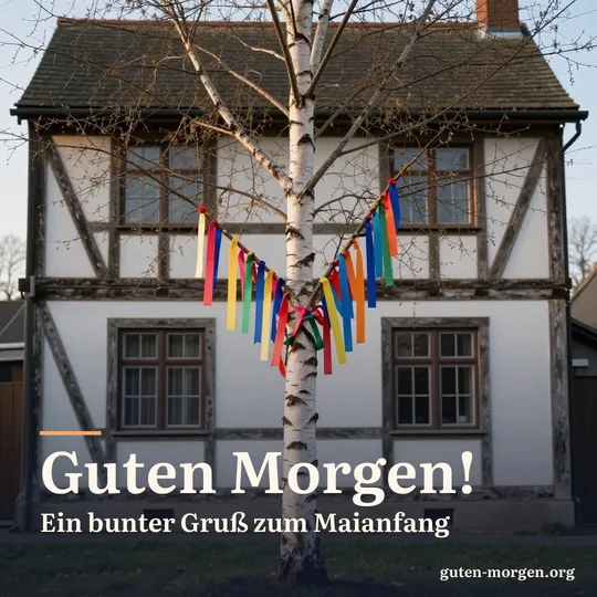 Junge Birke mit bunten Bändern vor einem alten Fachwerkhaus im Morgenlicht; Schrift: „Guten Morgen! Ein bunter Gruß zum Maianfang“