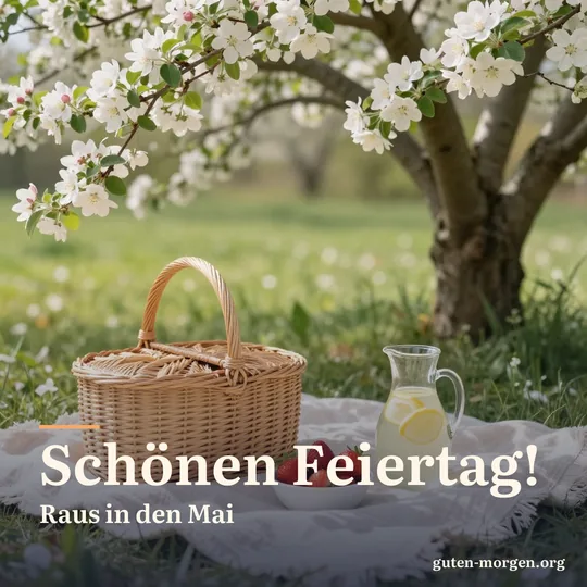 Picknickdecke mit Korb, Erdbeeren und Limonade unter einem blühenden Apfelbaum im Morgenlicht; Schrift: „Schönen Feiertag! Raus in den Mai“