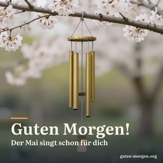 Ein kleines Windspiel aus Messingröhren hängt an einem blühenden Kirschzweig im weichen Morgenlicht, dahinter ein unscharfer Garten; Schrift: „Guten Morgen! Der Mai singt schon für dich“