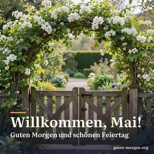 Hölzernes Gartentor mit frischem Maigrün und weißen Blüten geschmückt, dahinter ein sonniger Gartenweg; Schrift: „Willkommen, Mai! Guten Morgen und schönen Feiertag“