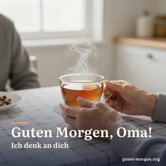 Alte Hände halten eine dampfende Tasse Tee auf einem Küchentisch mit karierter Tischdecke, weiches Morgenlicht vom Fenster; Schrift: „Guten Morgen, Oma! Ich denk an dich“