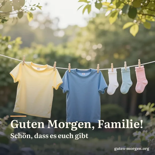 Einfarbige bunte Wäsche in allen Größen, vom großen Hemd bis zu winzigen Socken, trocknet auf einer Leine in einem sonnigen Garten; Schrift: „Guten Morgen, Familie! Schön, dass es euch gibt“