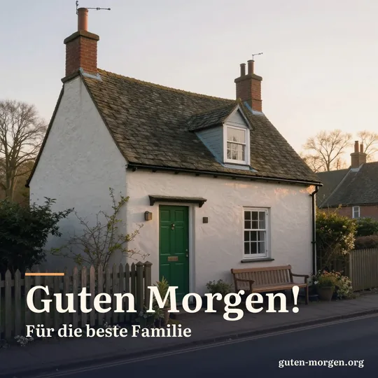 Kleines altes Haus mit grüner Haustür, Gartenzaun und einer Holzbank neben dem Eingang bei Sonnenaufgang, stille Dorfstraße im weichen goldenen Licht; Schrift: „Guten Morgen! Für die beste Familie“