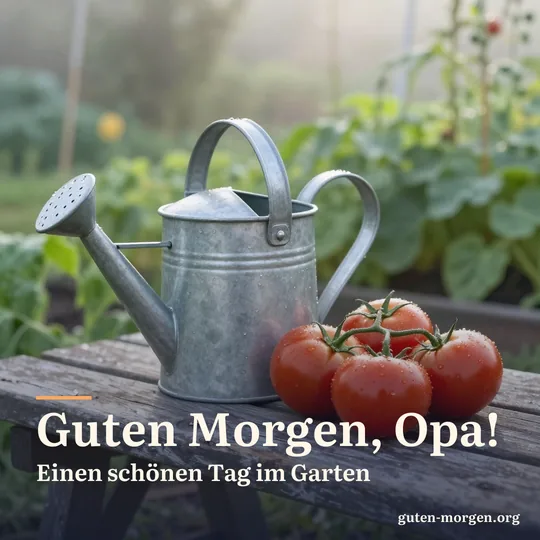 Gießkanne aus Metall und frisch gepflückte Tomaten auf einer verwitterten Gartenbank, Morgentau, Gemüsegarten im weichen Licht; Schrift: „Guten Morgen, Opa! Einen schönen Tag im Garten“