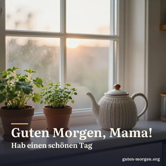 Küchenfensterbank mit Kräutertöpfen und einer Teekanne mit gestricktem Wärmer, warmes Licht des Sonnenaufgangs; Schrift: „Guten Morgen, Mama! Hab einen schönen Tag“