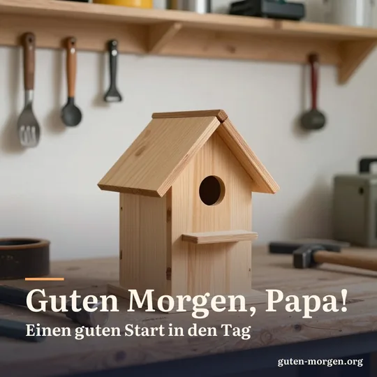 Halb fertiges Vogelhäuschen aus Holz und ein Hammer auf einer Werkbank in einer sonnigen Garage, Werkzeug ordentlich an der Wand; Schrift: „Guten Morgen, Papa! Einen guten Start in den Tag“