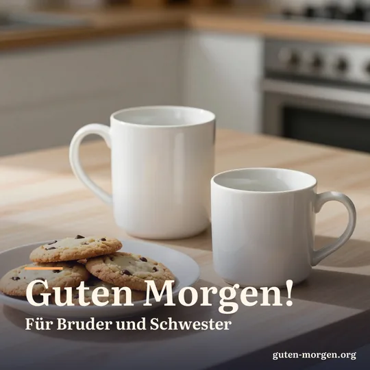 Zwei gleiche schlichte Becher, ein großer und ein kleiner, auf einem sonnigen Küchentisch neben einem Teller mit selbst gebackenen Keksen; Schrift: „Guten Morgen! Für Bruder und Schwester“