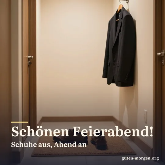 Ein Paar ausgezogene Schuhe auf der Fußmatte im warm beleuchteten Flur, an der Garderobe hängt eine Jacke; Schrift: „Schönen Feierabend! Schuhe aus, Abend an“