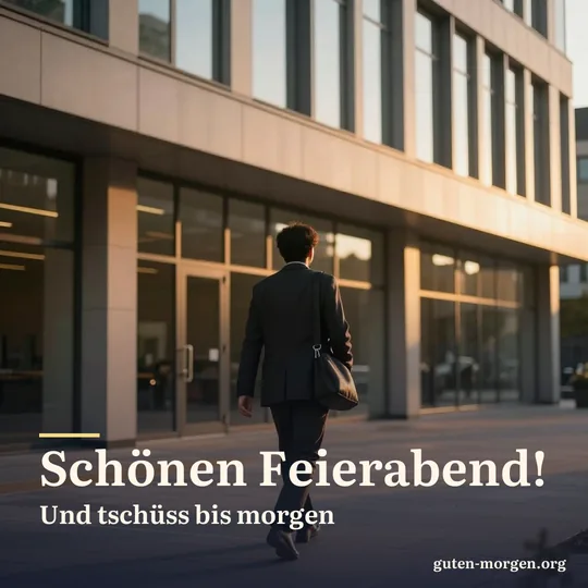 Ein Mensch, von hinten gesehen, verlässt ein Bürogebäude und geht mit Tasche über der Schulter ins orangefarbene Abendlicht; Schrift: „Schönen Feierabend! Und tschüss bis morgen“