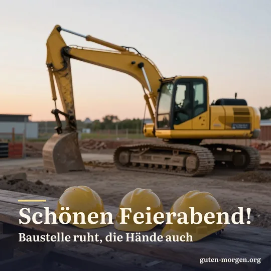 Ruhige Baustelle bei Sonnenuntergang mit geparktem Bagger, zwei Schutzhelme liegen auf einer Holzbank; Schrift: „Schönen Feierabend! Baustelle ruht, die Hände auch“