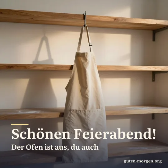 Eine Schürze hängt in einer kleinen Bäckerei nach Ladenschluss am Haken, Mehlstaub glänzt im Abendlicht; Schrift: „Schönen Feierabend! Der Ofen ist aus, du auch“