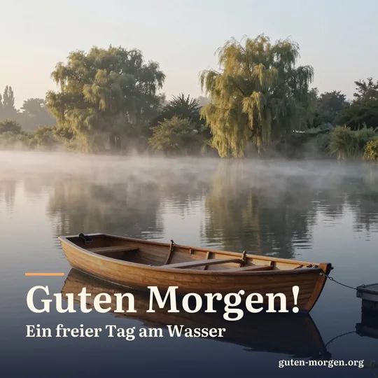 Ruderboot an einem kleinen Steg auf einem ruhigen Fluss in der Morgendämmerung, Nebel über dem Wasser; Schrift: „Guten Morgen! Ein freier Tag am Wasser“