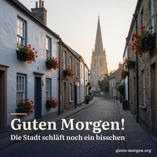 Stille Kopfsteinpflastergasse in einer Altstadt bei Tagesanbruch mit Geranien an den Fenstern, in der Ferne ein Kirchturm im ersten Licht; Schrift: „Guten Morgen! Die Stadt schläft noch ein bisschen“