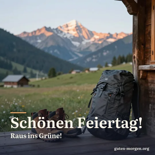 Wanderschuhe und Rucksack auf der Holzveranda einer Berghütte, dahinter Almwiese und Gipfel im Morgenlicht; Schrift: „Schönen Feiertag! Raus ins Grüne!“